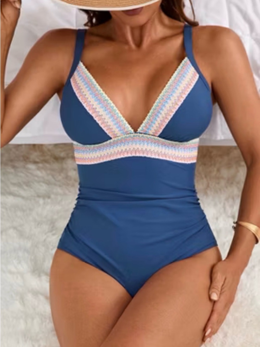 Blue One-Piece UPF 50+ Ruched Swimwear with Multicolor Trim - XL - NWT